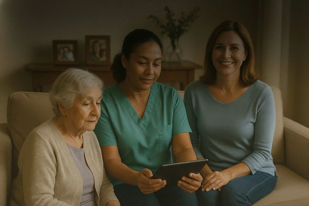 Cuidadora organizando medicamentos e rotina de cuidados para idoso